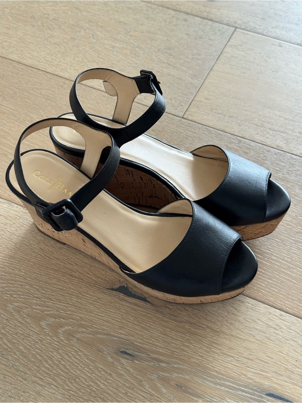 Cole Haan Black Cork Wedge Sandals